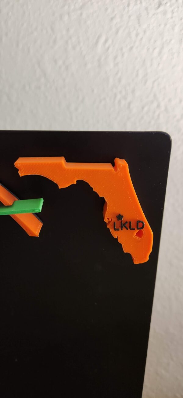 Lakeland, FL souvenir magnet featuring the state of Florida and a marking of Lakeland's location within Florida.