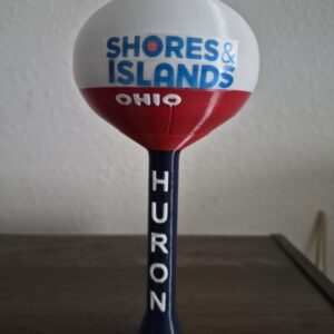 3D printed Shores and Islands Ohio water tower replica from Huron Ohio with applied graphics and red white and blue design