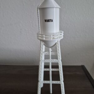 3D printed Wakita Oklahoma water tower replica with cylindrical tank and conical roof, featured in the movie Twister