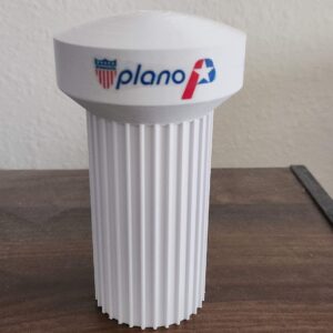 3D printed replica of the wide pillar water tower in Plano, Texas, available in standard decal and premium sticker-free versions.