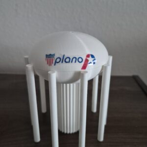 3D printed Plano, Texas elevated tank water tower replica featuring the Plano city logo and elevated tank design.